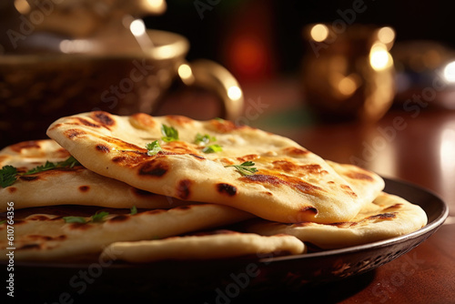 Indian naan bread in plate. Flatbread with parsley and spices. Indian cuisine. Created with Generative AI photo