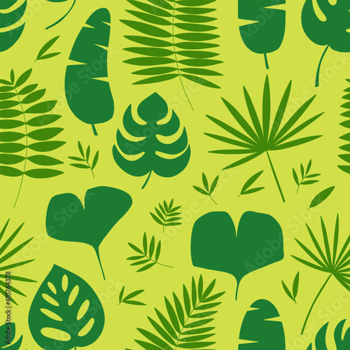 Vector tropical and jungle leaves seamless pattern. Flat different leaves pattern. Monstera  banana palm leaf  fan palm leaf and ginkgo biloba