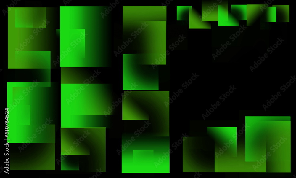 Different sizes of overlapping neon green squares on a black background