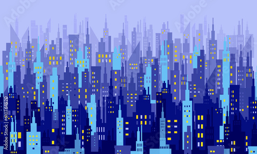 Different sizes of blue buildings that are joined together to look like part of a city with lights on