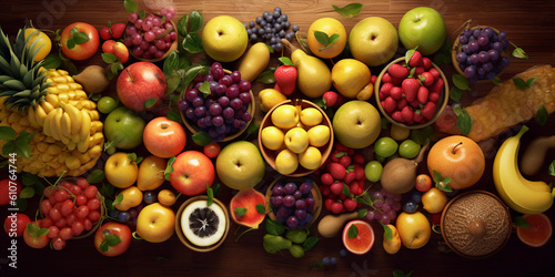 Overhead Shot of Vibrant and Arranged Fruits a Captivating on a Table - Perfect for Culinary Themes  Food Blogs  and Healthy Lifestyle Concepts. Generative AI