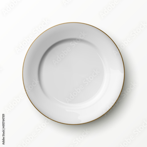 Vector 3d Realistic White with Golden Border Empty Porcelain, Ceramic Plate Icon Closeup Isolated. Design Template for Mockup. Stock Vector Illustration. Front, Top View