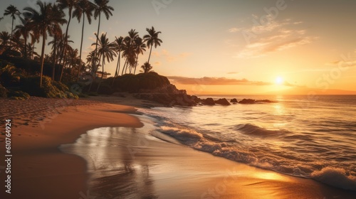 Serene coastal scene with a golden sunset, gently rolling waves, and palm trees swaying in the warm breeze