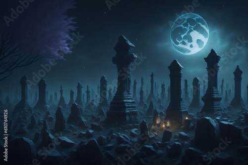 Halloween background with spooky graveyard,3d render illustration. Ai generated