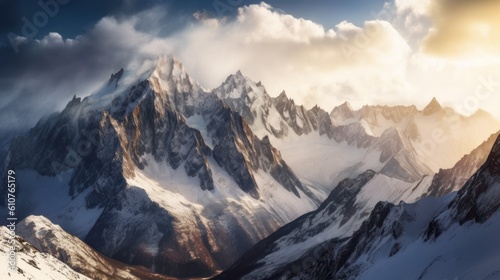 Stunning mountains range covered in a pristine blanket of snow, with jagged peaks piercing through the clouds