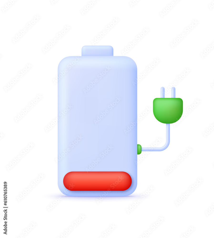 3D Battery icon. The battery is charging. Battery charge from low to high. Discharged and charged battery. 3D Battery icon. The battery is charging. Battery charge from low to high. Discharged and charged battery.