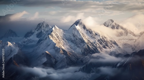 Stunning mountains range covered in a pristine blanket of snow  with jagged peaks piercing through the clouds