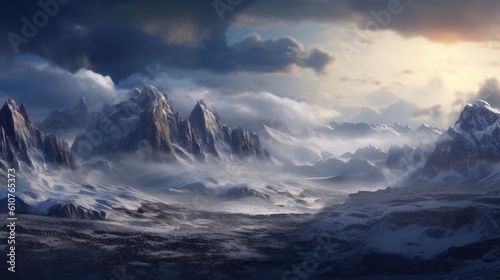 Stunning mountains range covered in a pristine blanket of snow, with jagged peaks piercing through the clouds