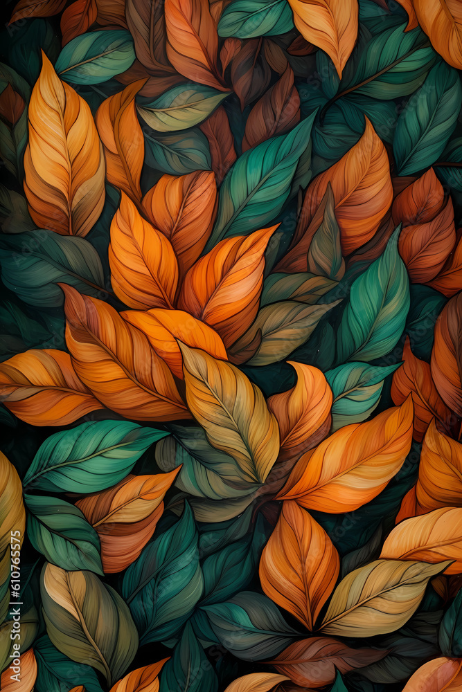 Captivating Illustration of Colorful Leaves Creating a Mesmerizing Background - Perfect for Nature-inspired Designs, Fall Season Promotions, Botanical Artwork, and Environmental Them. Generative AI