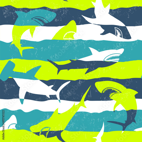 Abstract seamless pattern with shark silhouette on line background. Sharks silhouette repeat ornament on linear grungy wall. Big fish predator repeat print for sport textile or wrapping paper.