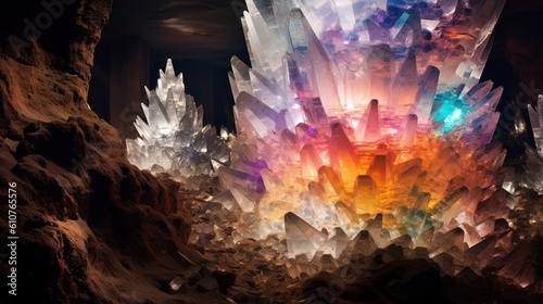 Underground cave system adorned with shimmering crystals of all colors, casting ethereal light and reflections
