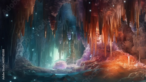 Underground cave system adorned with shimmering crystals of all colors, casting ethereal light and reflections