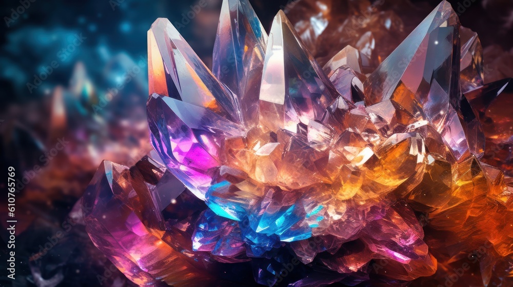 Underground cave system adorned with shimmering crystals of all colors, casting ethereal light and reflections