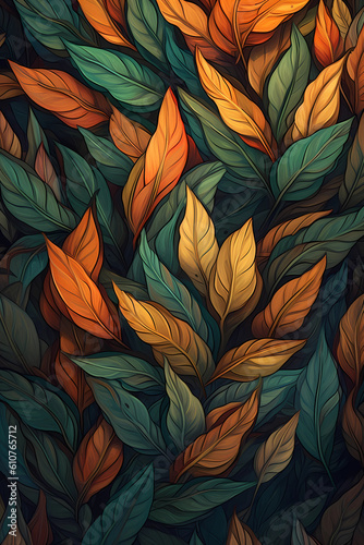 Captivating Illustration of Colorful Leaves Creating a Mesmerizing Background - Perfect for Nature-inspired Designs, Fall Season Promotions, Botanical Artwork, and Environmental Them. Generative AI © Mohammad