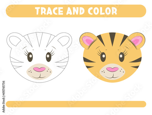 Trace and color cute tiger. Worksheet for kids 