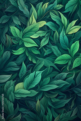 Illustration of Lush Green Leaves Creating a Captivating and Refreshing Background - Ideal for Nature-inspired Designs  Eco-friendly Campaigns  and Organic Lifestyle Concepts. Generative AI