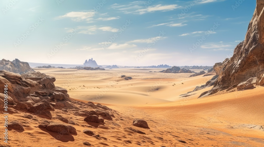 Vast desert landscape with shifting sand dunes, mysterious rock formations, and a sense of solitude and mystery