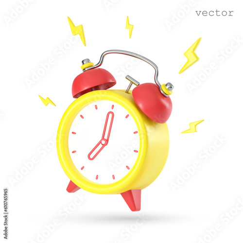 Vector 3D Ringing alarm with lightning. 7 o clock. Wake up, Good morning concept. Marketing time concept. Alarming ring. Realistic 3D vector illustration on white background.