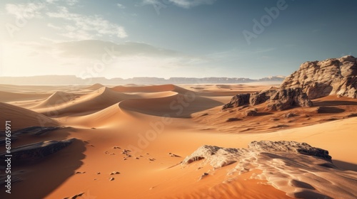 Vast desert landscape with shifting sand dunes  mysterious rock formations  and a sense of solitude and mystery