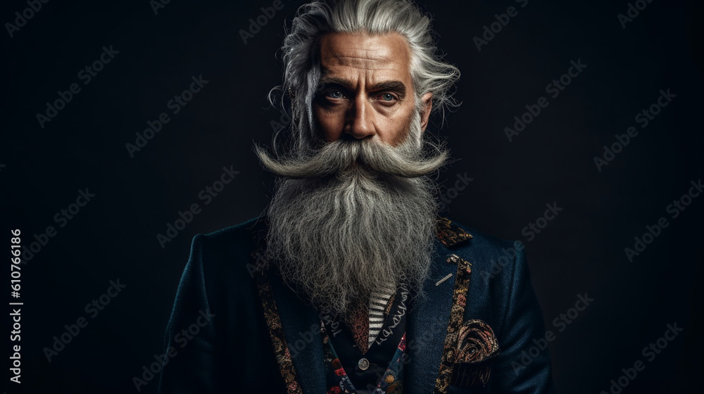 A fashion-forward older gentleman with a unique and creative beard design, showcasing a bold sense of individuality and artistic expression Generative AI
