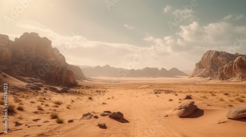 Vast desert landscape with shifting sand dunes, mysterious rock formations, and a sense of solitude and mystery