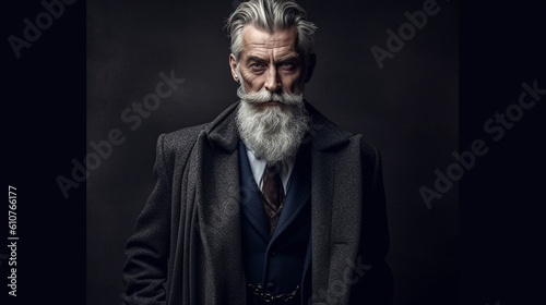A seasoned gentleman with a distinguished gray beard and a tailored overcoat, exuding sophistication and a refined sense of style Generative AI photo