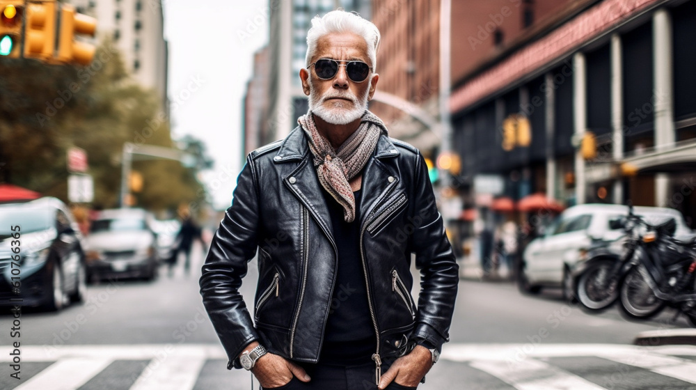 A trendsetting senior rocking a fierce leather jacket and edgy accessories, showcasing that style has no age limit Generative AI