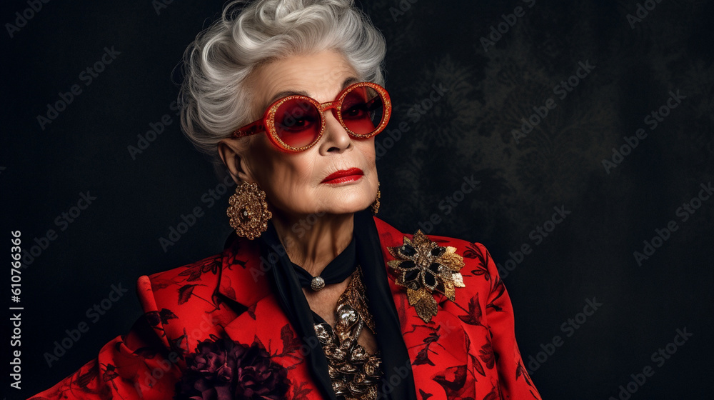 A vibrant and fashionable older woman donning a chic pantsuit and accessorized with bold statement jewelry, radiating timeless elegance Generative AI A vibrant and fashionable older woman donning a chic pantsuit and accessorized with bold statement jewelry, radiating timeless elegance Generative AI