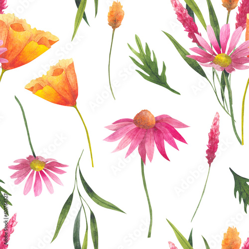 Floral seamless pattern with abstract wildflowers  plants and delicate branches  watercolor print isolated on white background for textile or wallpapers  illustration in provence style.