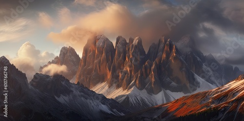 Panoramic view of the mountains at sunset. Created with Generative AI tools