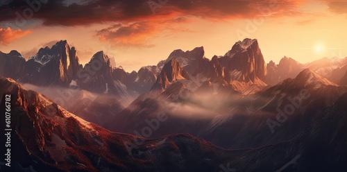 Fantasy landscape with mountains and clouds at sunset. Created with Generative AI tools