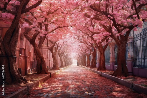 Beautiful blooming alley in spring in pink.