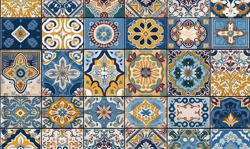  a bunch of different colored tiles with different designs on them, all of which are different colors and shapes, all of which are different sizes. generative ai