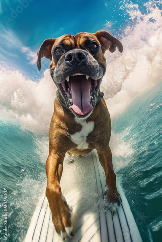 cooler fröhlicher Boxer Hund beim surfen auf einem Surfboard im Meer mit großen Wellen. Hochformat. Hochkant. Generative Ai. © Michael