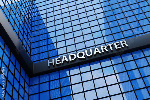 Facade of a skyscraper building of a headquarter in commercial and business district. Illustration of the concept of business home office