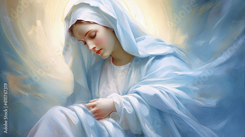 Fotografia, Obraz Virgin Mary with Child Jesus, religious illustration, generative ai