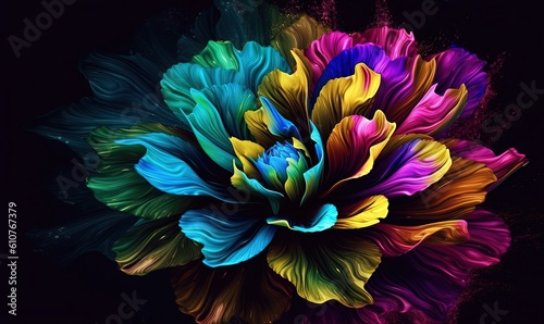  a multicolored flower on a black background with a splash of paint on the bottom of the flower and bottom of the flower petals. generative ai