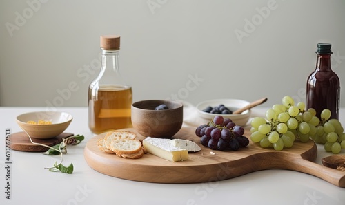  a wooden cutting board topped with grapes and cheese next to a bottle of wine and a bowl of grapes and a bottle of wine on a table. generative ai