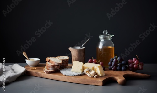  a cutting board with cheese, bread, grapes, and a jar of honey on it with a napkin on the side of the cutting board. generative ai
