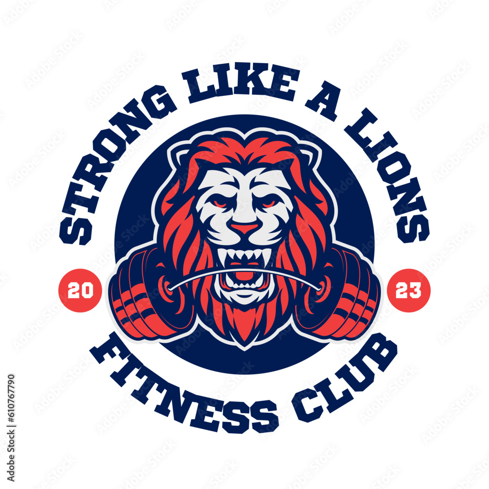 Naklejka premium Lion head with barbell on mouth logo concept for fitness and gym