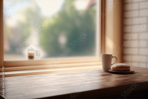 backdrop of a hazy window with a table. Generative AI