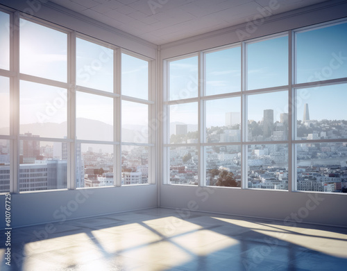 View from a high building  sun light through windows  view into city skyline. Generative Ai.