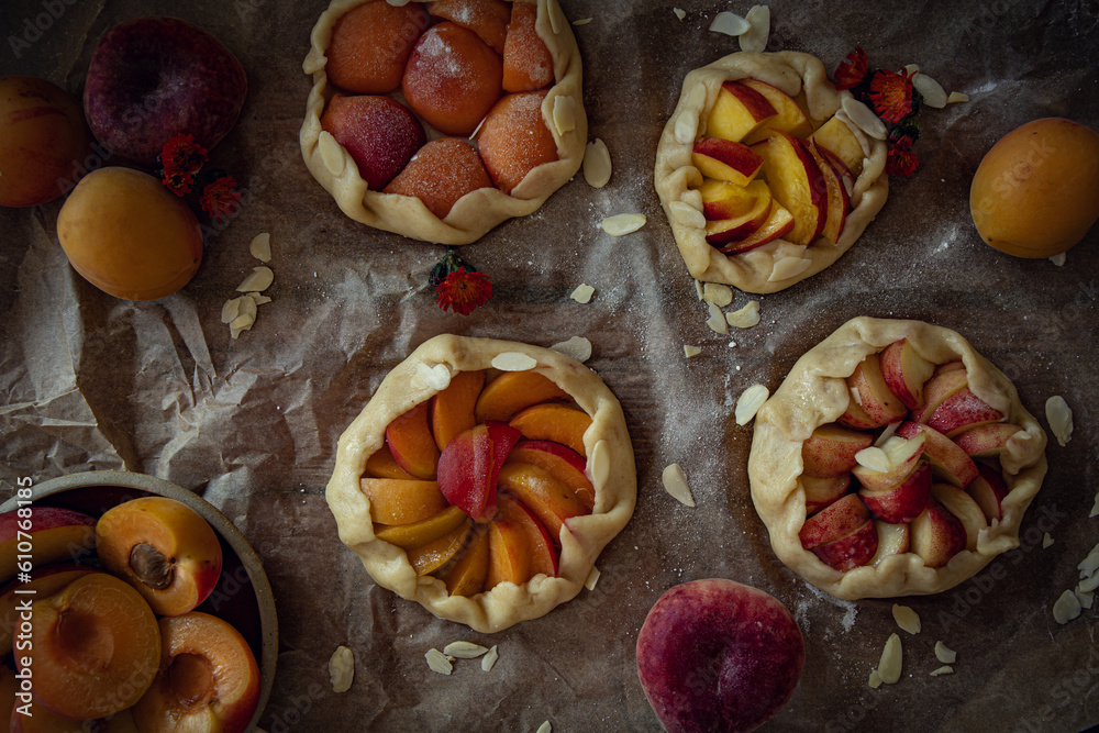 Different homemade baked fruit tarts, galettes with apricot, peach and apple on dark background