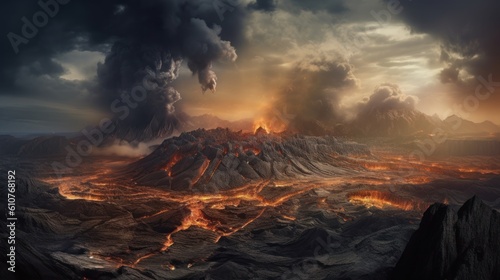 Volcanic landscape with erupting volcanoes  rivers of lava  and a dark  ominous sky filled with ash and smoke