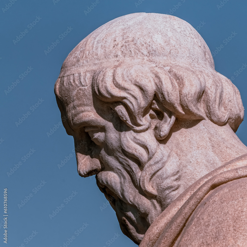 Plato portrait with contemplative expression, marble statue of the ancient Greek philosopher. Cultural trip to Athens, Greece.