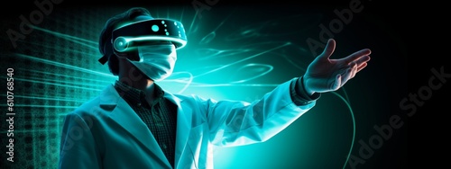 Future of Healthcare Visualized: Masked Scientist Interacting with Luminous Blue Virtual Health Dashboard, Evoking Progress in Medical Informatics © Moritz