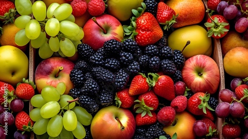 Fresh fruits and berries in a wooden box. Healthy food background. Fruit background  many fresh fruits mixed together.