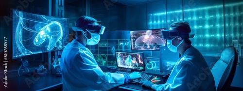 Future of Healthcare Visualized  Masked Scientist Interacting with Luminous Blue Virtual Health Dashboard  Evoking Progress in Medical Informatics