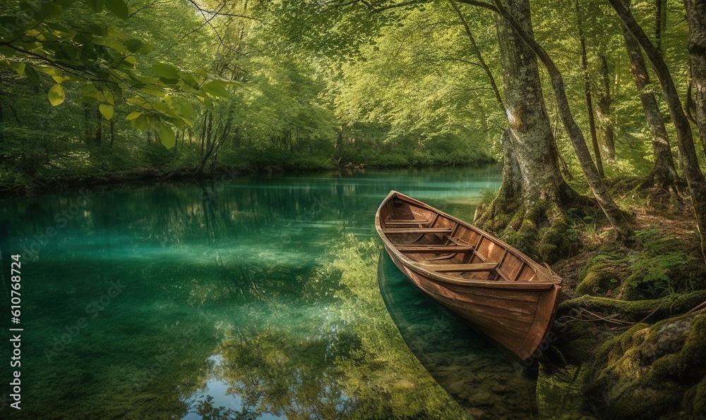 a boat is sitting on the shore of a river in the woods near the shore of a river with clear blue water and green trees. generative ai a boat is sitting on the shore of a river in the woods near the shore of a river with clear blue water and green trees. generative ai