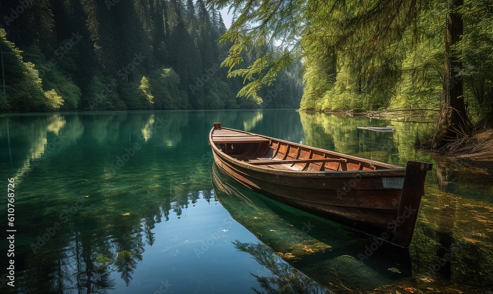  a boat is sitting on the water in a forest lake with trees in the background and the sun reflecting off the water's surface.  generative ai